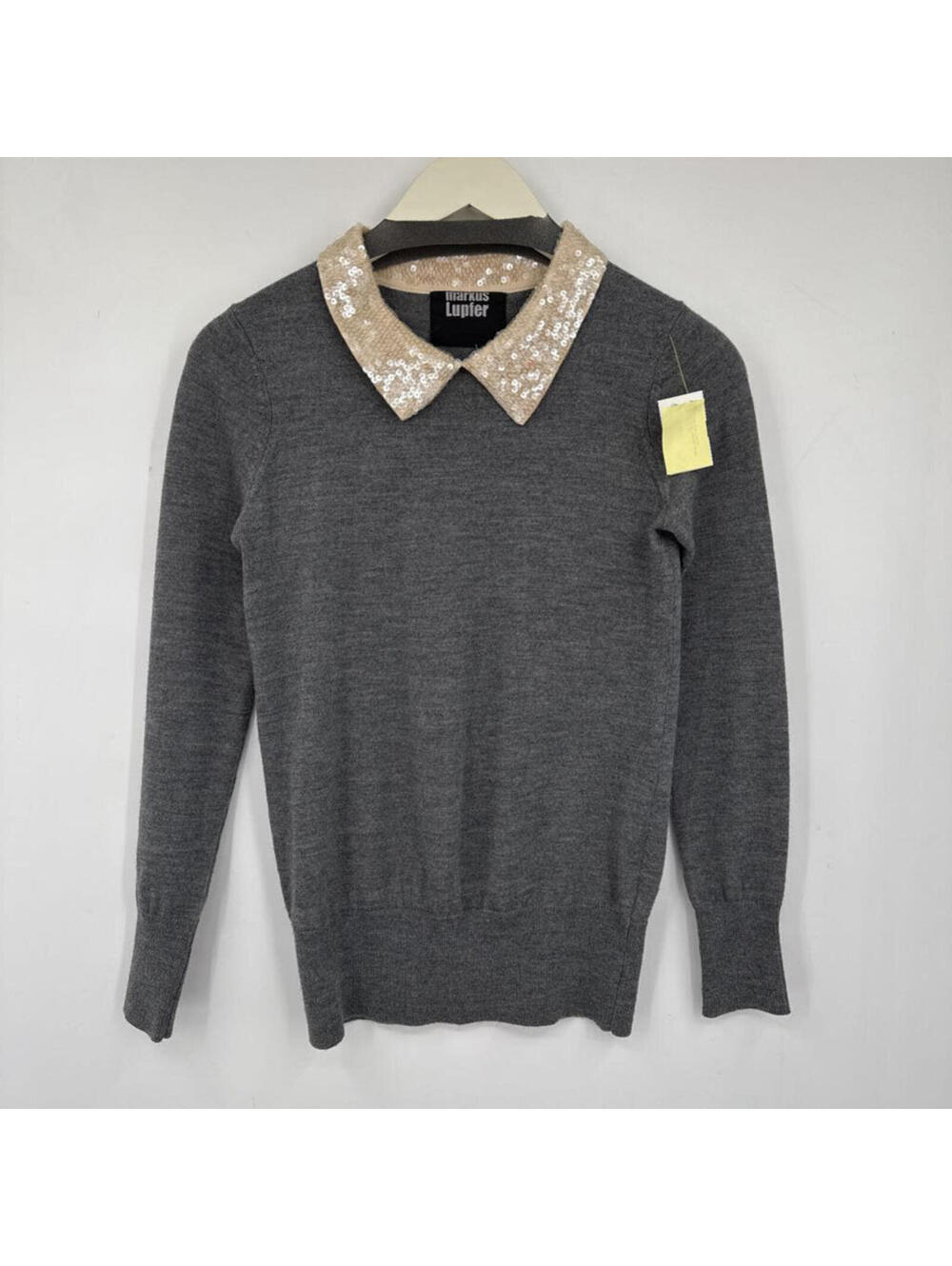 Women's Markus Lupfer Sequined Collar Merino Wool Gray Cream Sweater XS